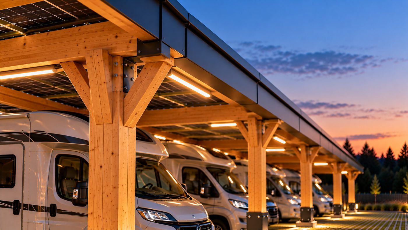 Beleuchtetes Holztragwerk mit Solardach und geparkten Reisemobilen am Abend
