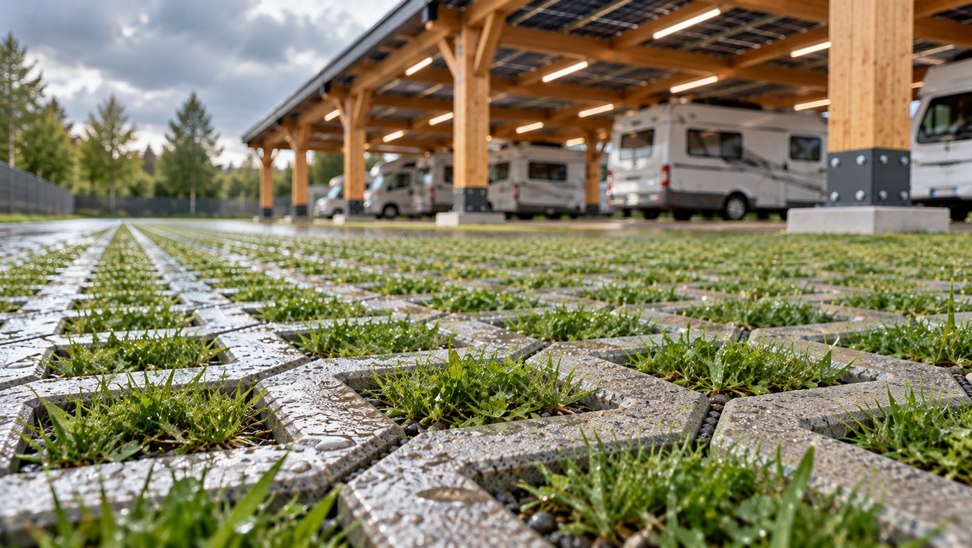 Begrünter Stellplatz mit Rasengittersteinen auf einem BASECAMP:r Reisemobilhof